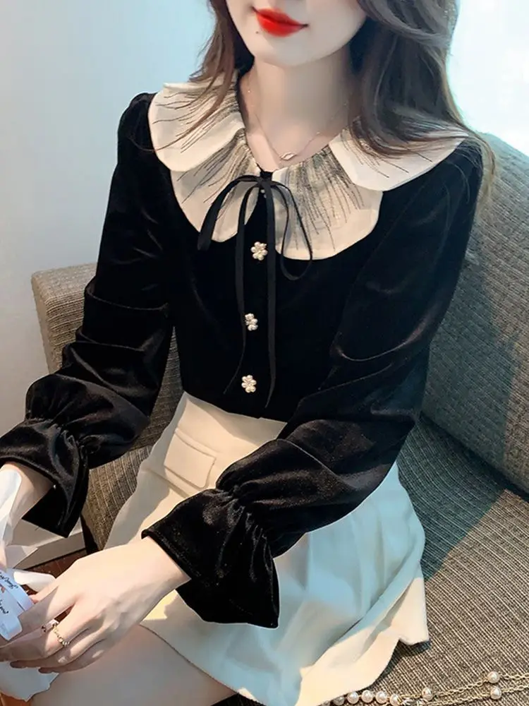 

plus Size Women's irt Early Autumn New Sle Doll Collar Velvet Slimming Meat Covering Gold Velvet Top TT673