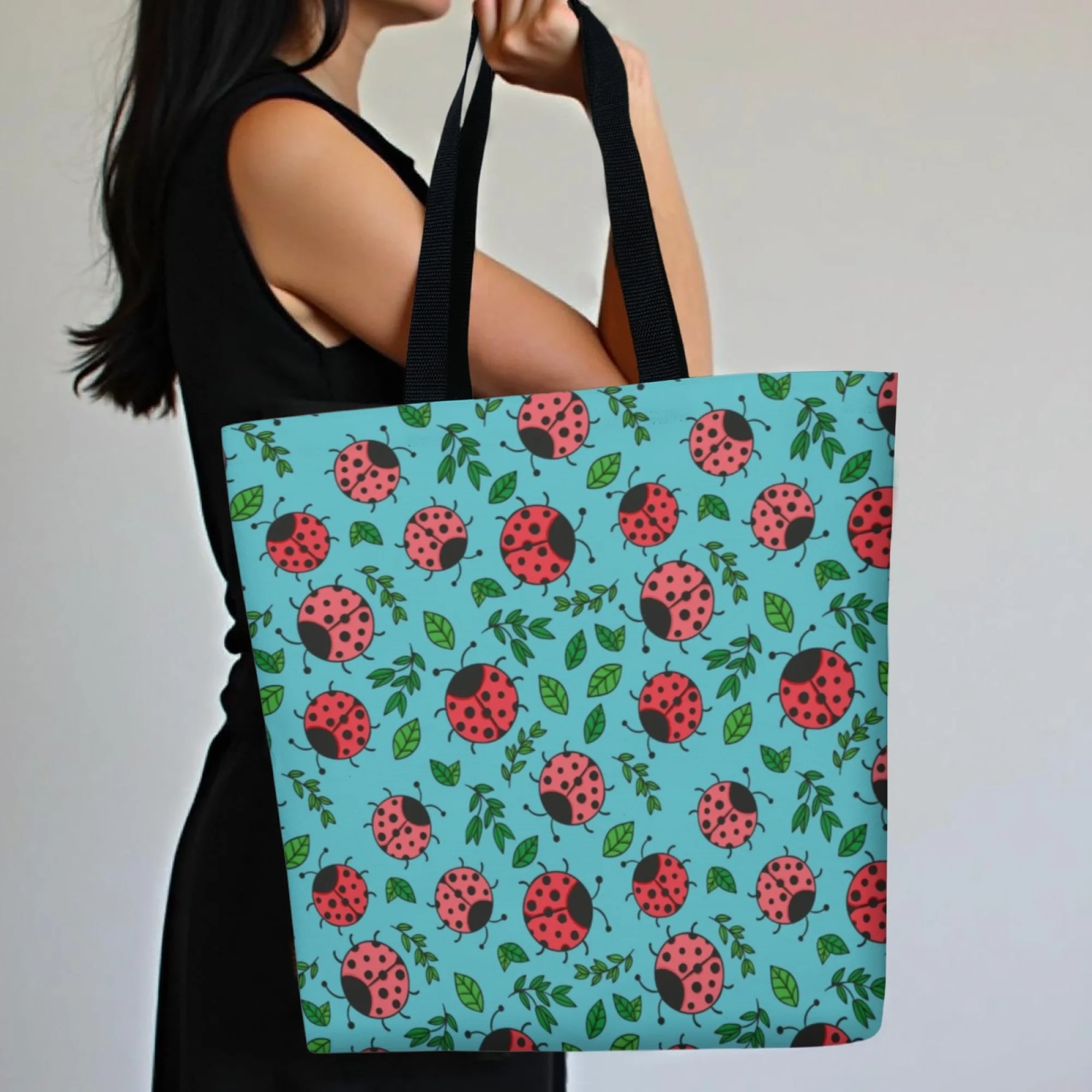 

Cute Cartoon Ladybug Pattern Women Tote Bag Turquoise Background Canvas Reusable Shopping Bag Perfect Gift for Nature Lovers