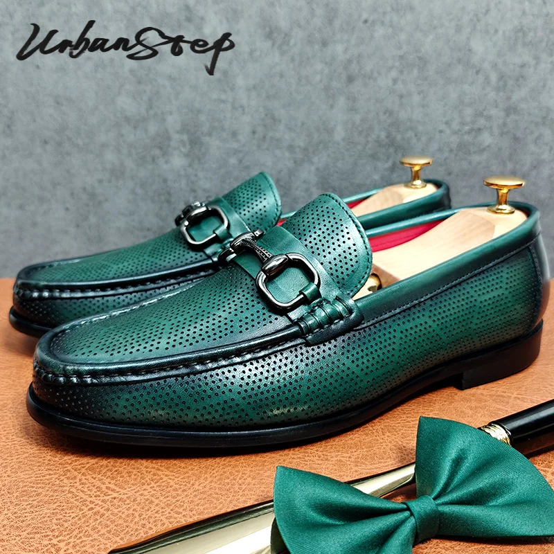 URBAN STEP LUXURY MENS LEATHE SHOES HIGH-QUALITY SLIP ON HOLLOW OUT GREEN MEN SHOES WEDDING PARTY DRIVE CASUAL DRESS LOAFERS