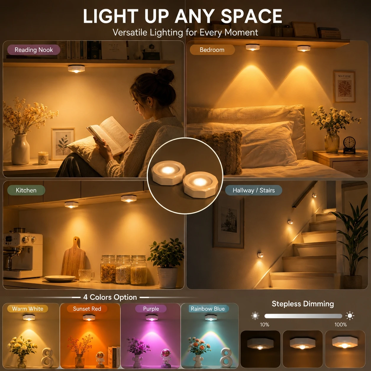 Night Light RGB Muti Color Wireless Remote Control Type-c Rechargeable Light Powered Cabinet Light For Kitchen Wardrobe Bedroom