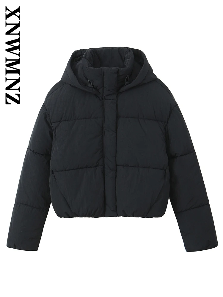 XNWMNZ 2024 Autumn Lady Commuting Hooded Collar Jacket Hoodie Vintage Winter Woman's Long Sleeve Padded Jacket Thick Top Coat