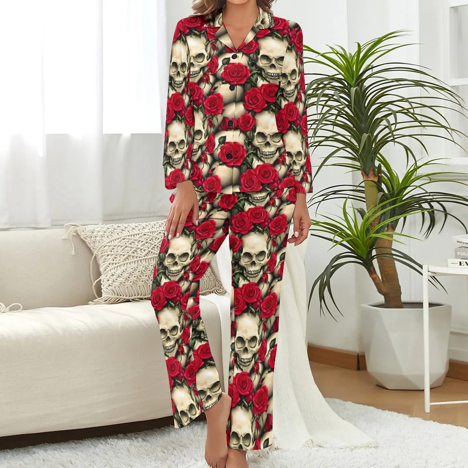 Gothic Skulls Pajamas Spring 2 Pieces Red Roses Print Soft Pajamas Set Lady Long Sleeves V Neck Home Graphic Home Suit