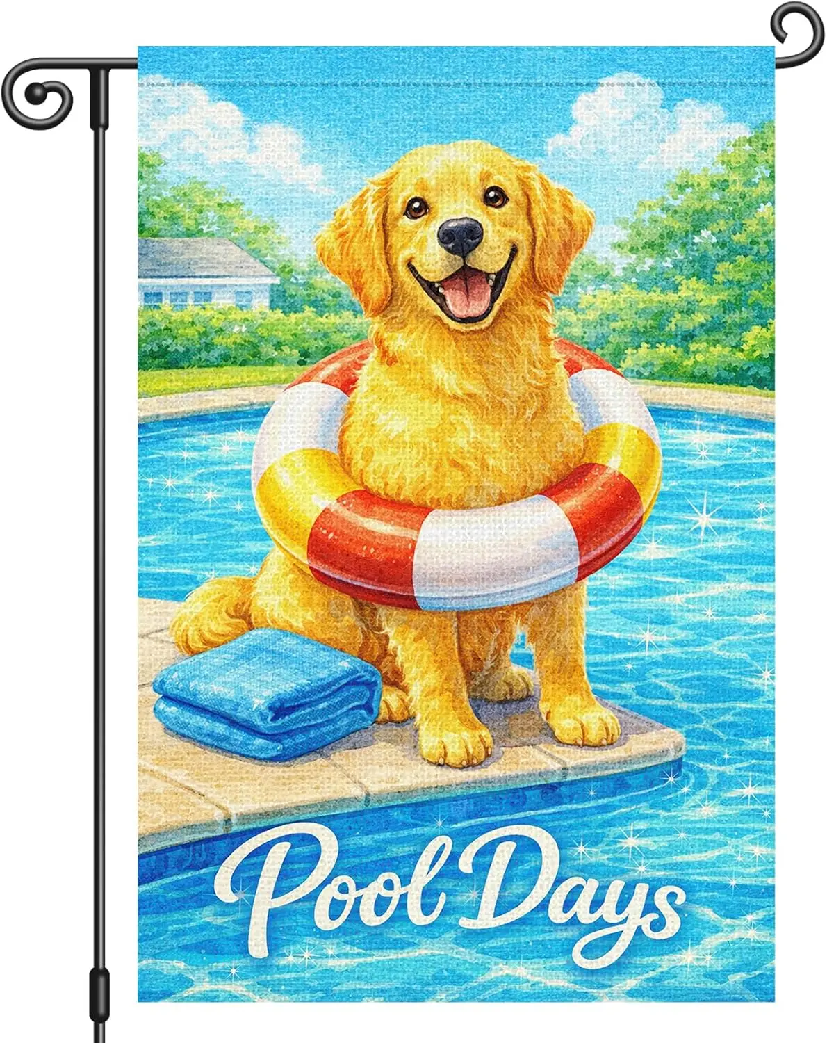 Bandera de jardín Heyfibro Pool Days – Diseño de Golden Retriever feliz de verano de doble cara de 12x18 pulgadas, bandera de jardín de verano para amantes de los perros