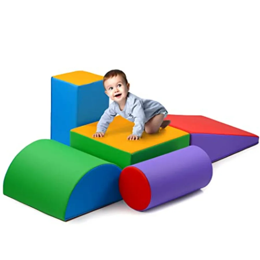 

Indoor toddler climbing toys: PU leather foam blocks set, gray and blue, waterproof easy-clean surface for safe gym play