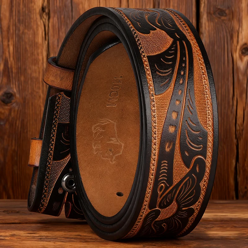 Męski zestaw prezentowy: pasek ze skóry bydlęcej drugiej warstwy bez klamry, kompatybilny z klamrami na szpilkę, czarno-brązowy z nadrukowanym wzorem, do jeansów.