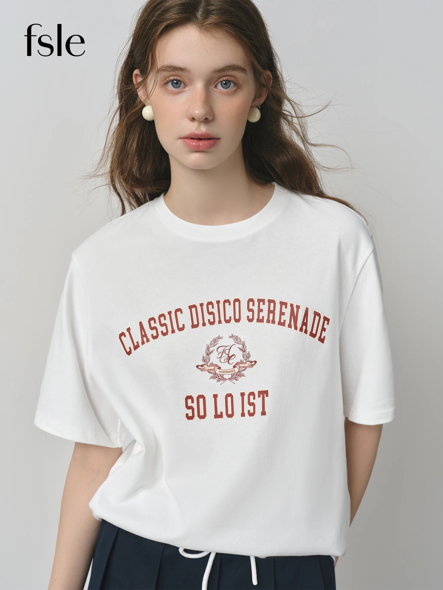 

FSLE 2025 New 30% Cotton Casual Retro Letter Print Short-sleeved T-shirt for Women 2025 New Arrival Round Neck Top 25FS13294