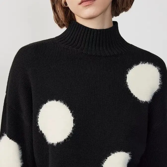 New Autumn and Winter Women\'s Knitted Pullover Loose Polka Dot Slim Fit Short Sweater