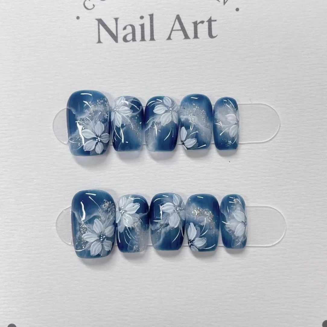 

10Pcs Blue Square Handmade Press on Nails Flower Pattern Fake Nails Wearable Stick-on Nails False Nail 네일팁 Накладные Ногти Uñas