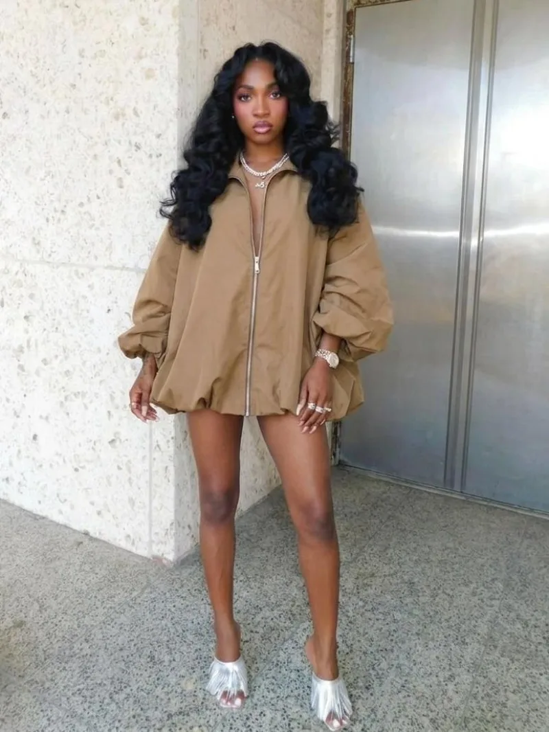 Solid Loose Oversized Bud Jacket Women Fashion Turn Down Collar Lantern Long Sleeve Casual Long Coat Streetwear Outerwear
