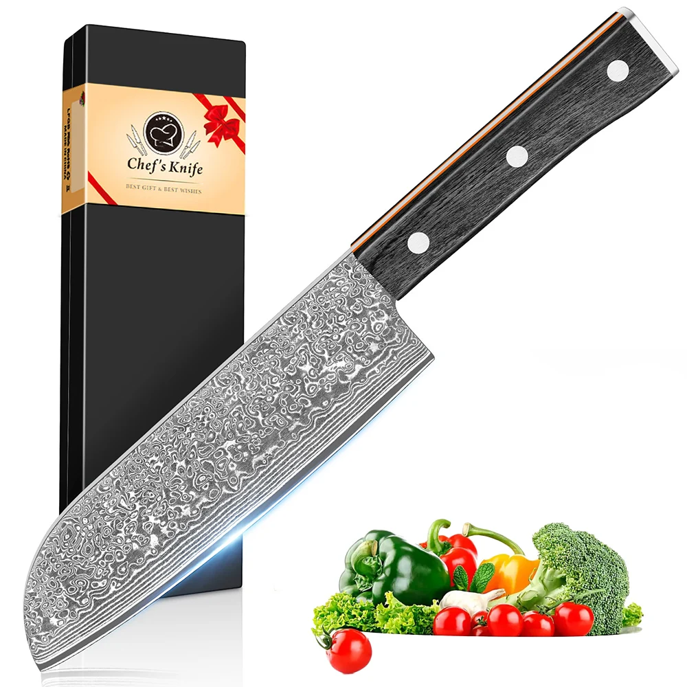 7 Zoll Santoku-Messer, Kochmesser, VG10-Kernstahl Geschmiedeter Damaszener Stahl, Mehrzweck-Gemüsemesser, Ergonomischer Griff – Detail 1