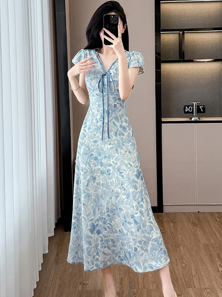 

Women Blue Floral Short Sleeve Chic Bow V-Neck Dress Summer Elegant Casual A-Line Long Dress 2025 Korean Bodycon Festival Dress