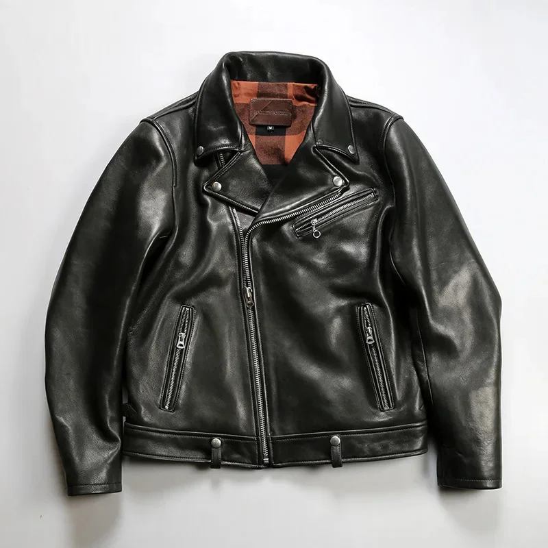 Shop Best.Luxury 1.3mm thick tanned sheepskin jacket.Classic Japan motor Rider style real leather coat,Cool men