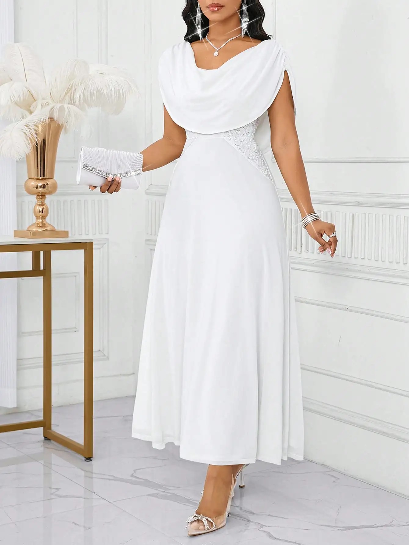 

White Cowl Neck A-Line Midi Dress with Lace Waist Detail