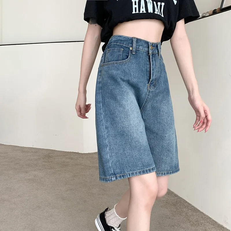 

High Waist Vintage Straight Leg Denim Shorts Women Summer Thin Large Size Loose Slimming Wide Leg Five-Quarter Mid-Pants