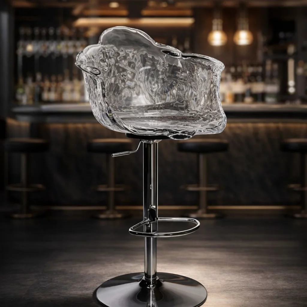 Transparent polycarbonate flower-shaped high chair, adjustable resin bar stool, resin material in swimming pool bar stool