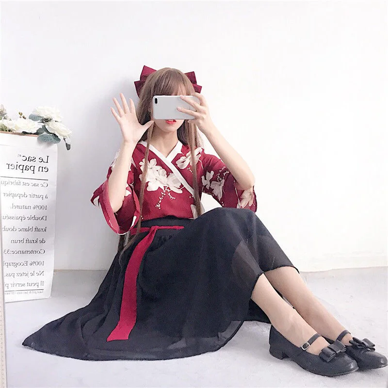 Spring and summer 2022 new girls' huajianyao ancient style Hanfu Han element improved cross collar Chinese style skirt suit