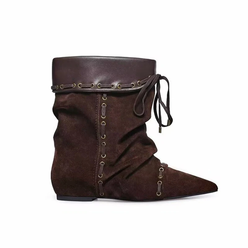 bottines-plissees-a-enfiler-pour-femmes-retro-bout-pointu-nouees-en-croix-mi-mollet-mode-cowboy-occidental-flanelle-grande-taille
