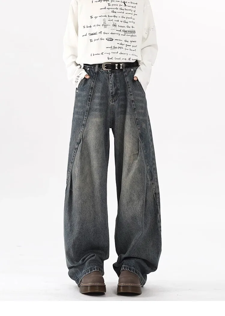 Vintage Men's Straight Wide Leg Washed Loose Fit Baggy Jeans Male Streetwear Cowboy Denim Straight Trousers