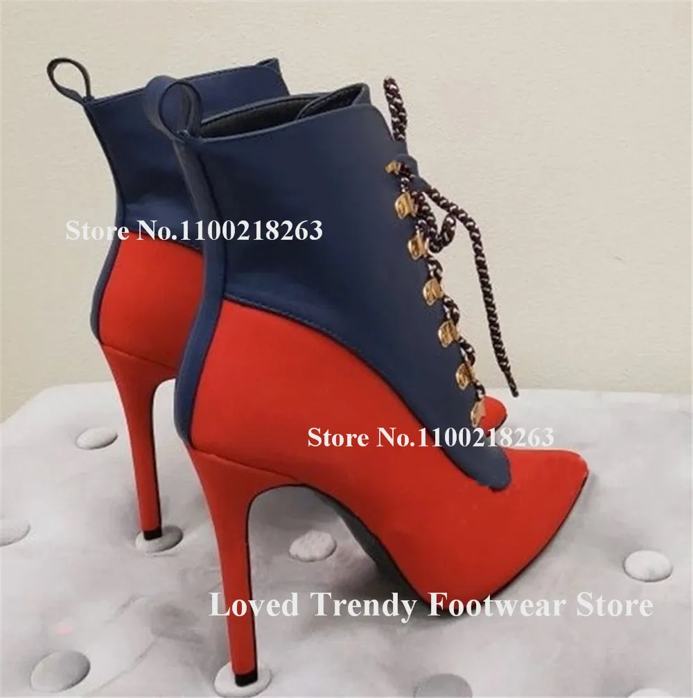 

Newest Red-blue Purple-black Patchwork Stiletto Heel Short Boots Pointed Toe Metal Buckles Lace-up Thin Heel Ankle Booties