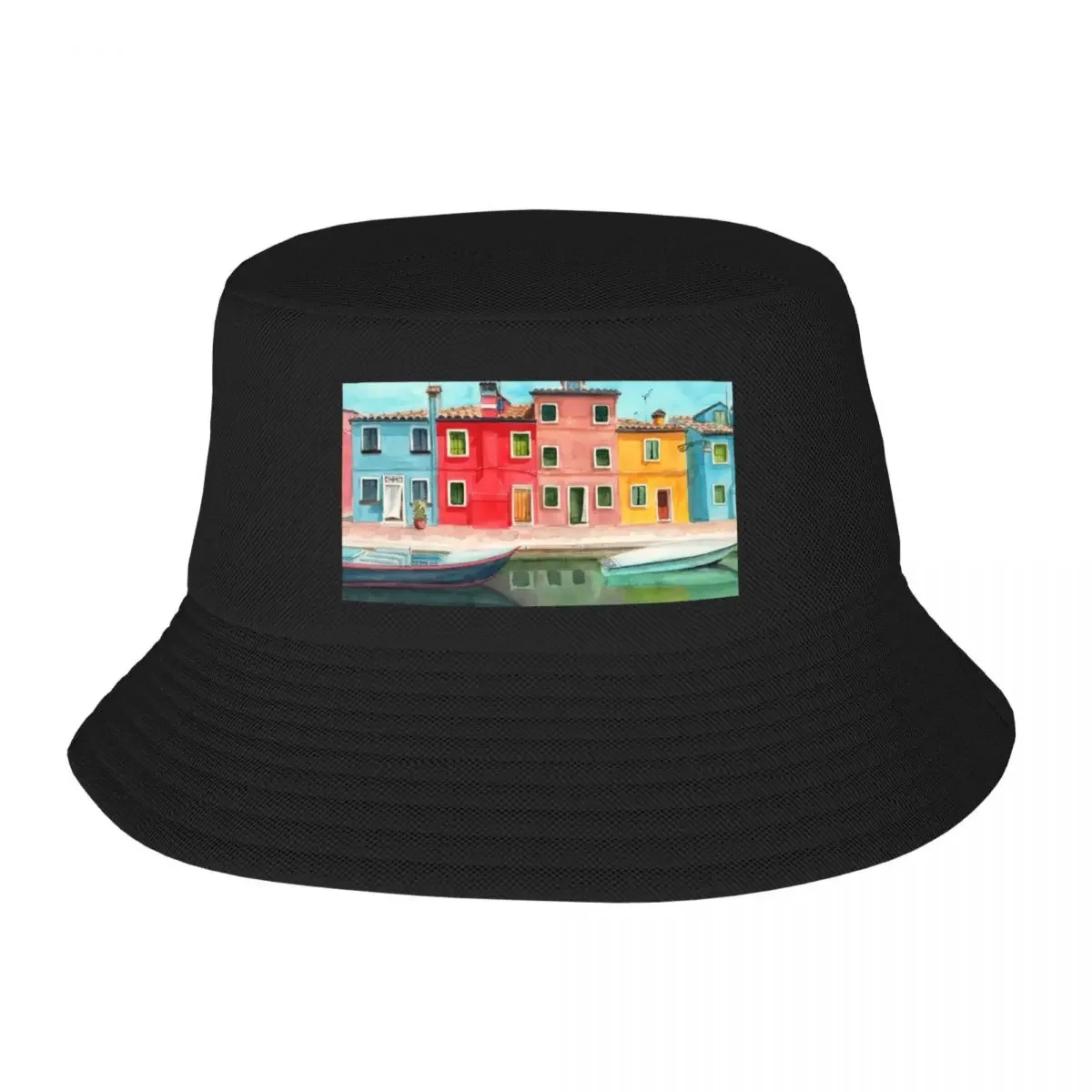 Watercolor Burano quarter in Venice Bucket Hat birthday Designer Hat Caps Male Women's