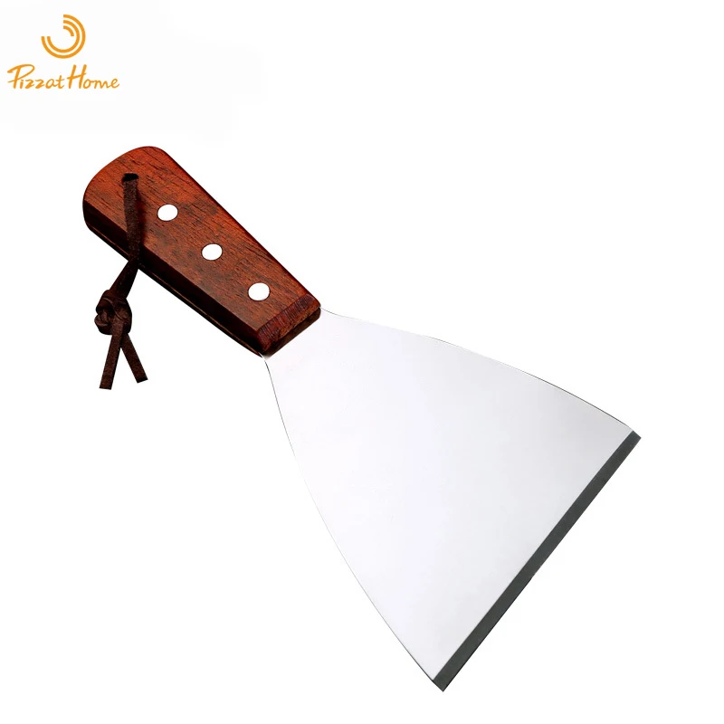 PizzAtHome Stainless Steel Food Spatula Grill Food Shovel Wood Handle BBQ Tool Beef Steak Turner Square Triangle Shovel for BBQ