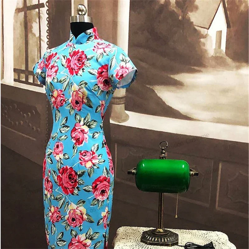In The Mood for Love Maggie Cheung Cheongsam 럭셔리 꽃 프린트 Qipao 중국 전통 드레스 빈티지 Hanfu 롱 드레스 Vestidos