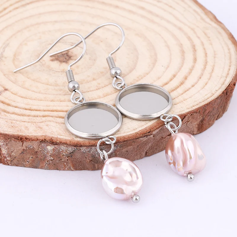 6pcs 그레이 핑크 진주 귀걸이 기본 공백 매달려 12mm 카보 숑 설정 트레이 Diy 귀고리 보석 만들기위한 결과