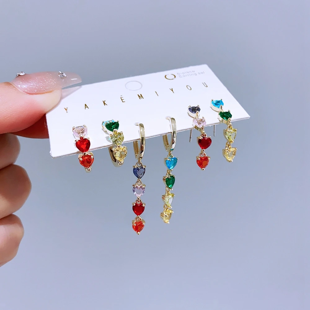 MIGGA 6pcs Multicolor Heart Dangle Earrings Set Gold Color Plated Cubic Zircon Women Party Jewelry