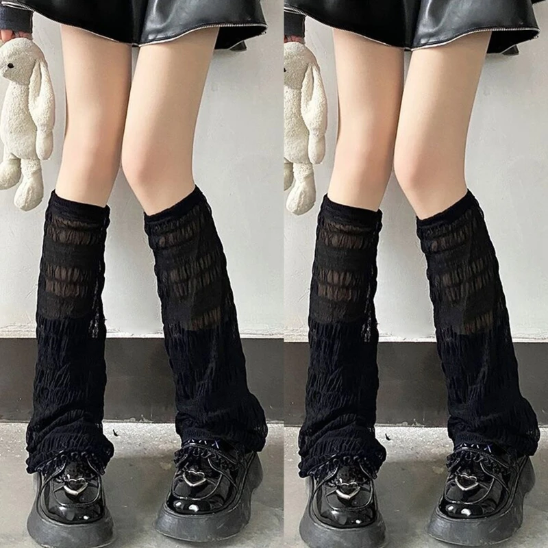 Phụ Nữ Nhật Bản Gothic Mùa Hè Mỏng Bao Tay Chân Frill Viền Xếp Ly Vải Xếp Sọc Ống Rộng Loe Đầu Gối Chân Cao Bao Sock