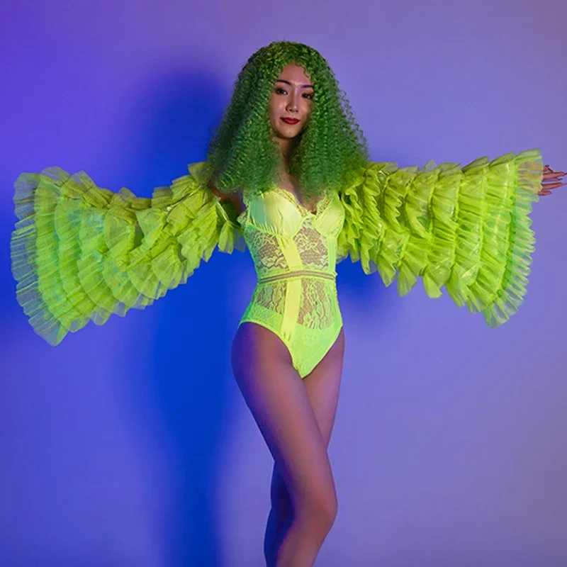 Vivid Fluorescent Green Dancing Costume Sexy Lace Bodysuit with Wig and Stacked Coat