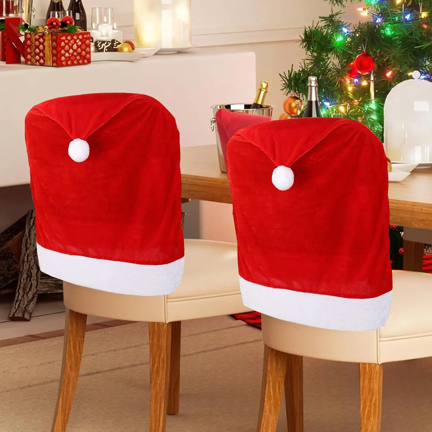 

Christmas Chair Covers Set of 4 Santa Hats Dining Chair Covers Slipcover for Holiday Christmas Decor Red Flannel Chair Back Cove