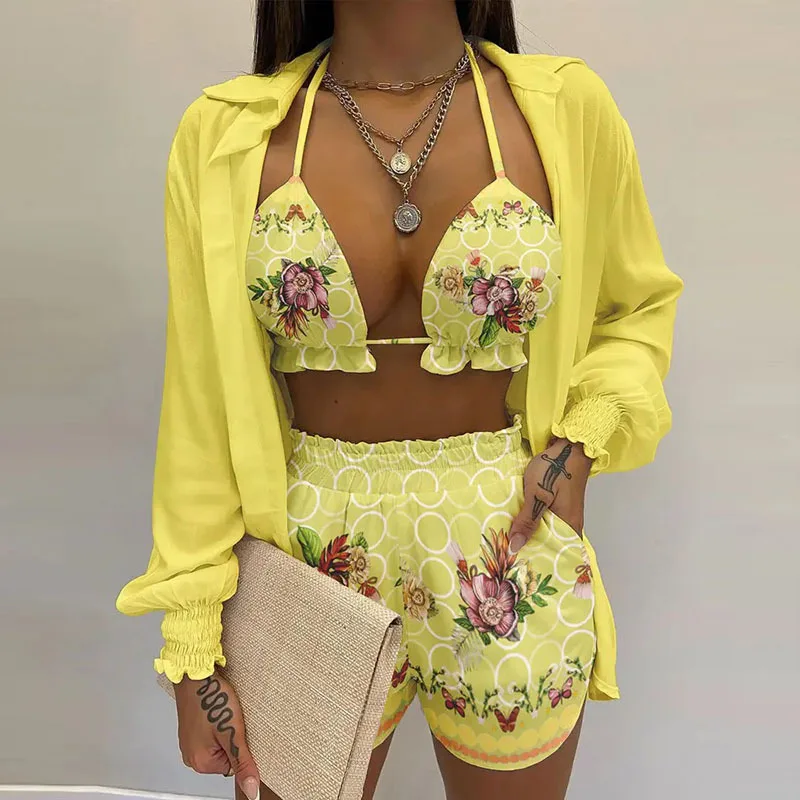 Cross-border Amazon European and American Pretty Swimwears Sexy Three-piece Set, AliExpress Spring Beach Fashion Shorts Set New