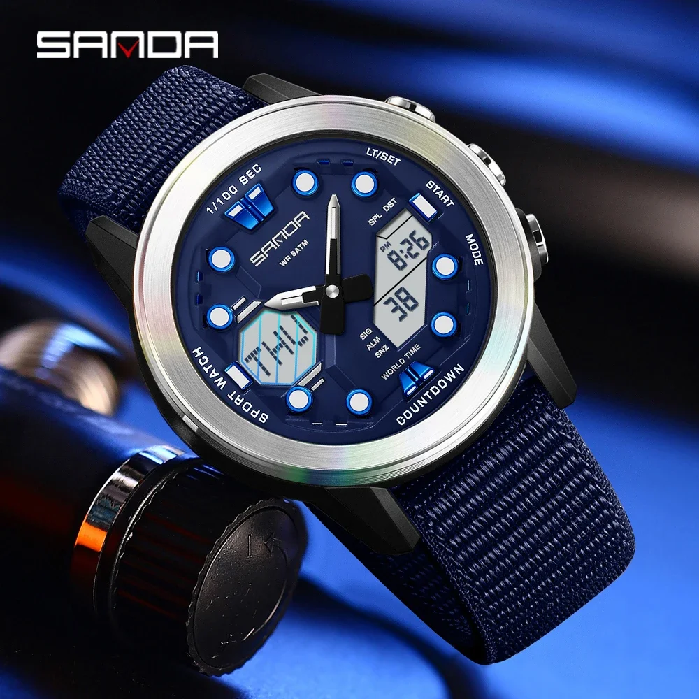 

Sanda 3392 Fashion Men's Electronic Dual Screen Sports Multi functional Luminous Waterproof Calendar Men's Watch-1