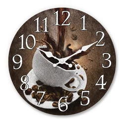 American Retro Coffee Cup Pattern Wooden Wall Clock for Living Room, Bedroom, Kitchen, Home Decoration, Silent Quartz Clock, Holiday Gift, 10 Inches, 12 Inches (No Battery)