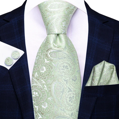 Imagen 2 del producto Caja de regalo de lujo Hi-Tie, patrón de Jacquard de Cachemira verde claro, pañuelo suave para hombre, conjunto de gemelos para boda de alta calidad