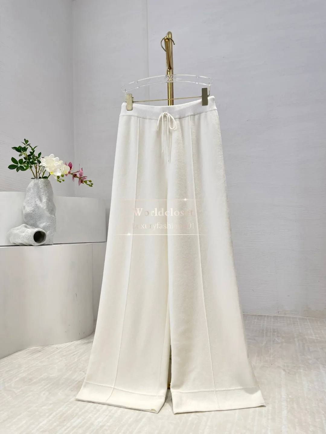 

2025 New Autumn Winter White High Quality Wool Drawstring Waist Long Pants