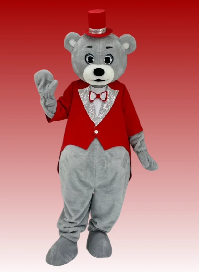 

Red Tailcoat Grey Bear Mascot Costume Adult Cartoon Character Outfit Attractive Birthday Gift Fancy Dress Halloween Events Party