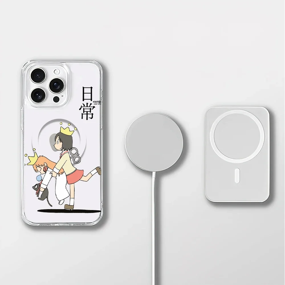 Милый чехол для телефона с изображением аниме N-Nichijou для iPhone Plus 11, 13, 12, 14, 15, 16 Pro Max, прозрачный магнитный беспроводной чехол Magsafe