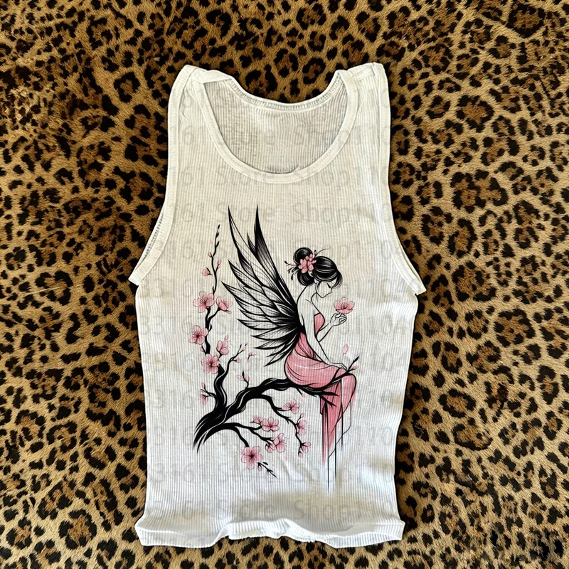 Y2k Crop Top Aesthetic Print 2000s Tops Sexys Woman Clothes Summer Harajuku Sleeveless Slim Streetwear Goth Cami Emo Gir