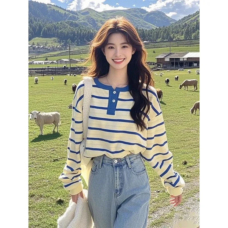 المألوف الكورية نمط الأزرق مخطط بأكمام طويلة تي شيرت للنساء الخريف جديد فضفاض ومتعدد الاستخدامات #2