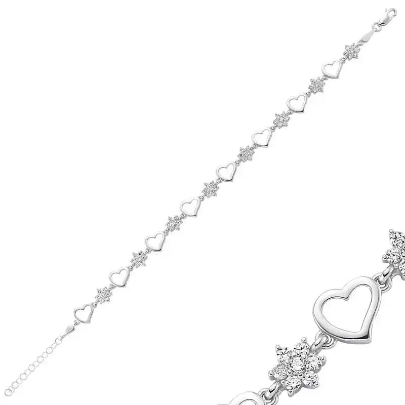 Silver Flower Heart Women's Bracelet Zircon Stone 925 Sterling Jewelry Wedding Party Birthday Gift - Box -for - Laides - Fashion