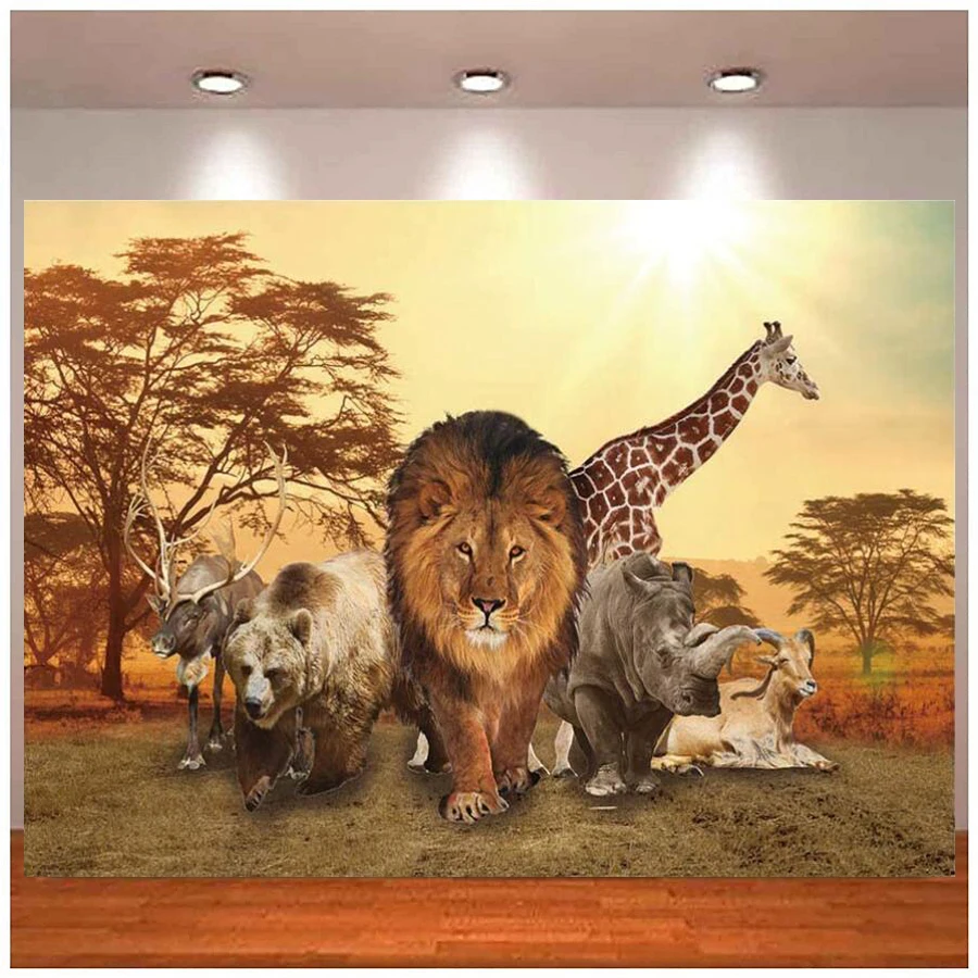 

Photography Backdrop Tropical African Forest Jungle Safari Realistic Animals Lion Giraffe Background Birthday Party Table Decor