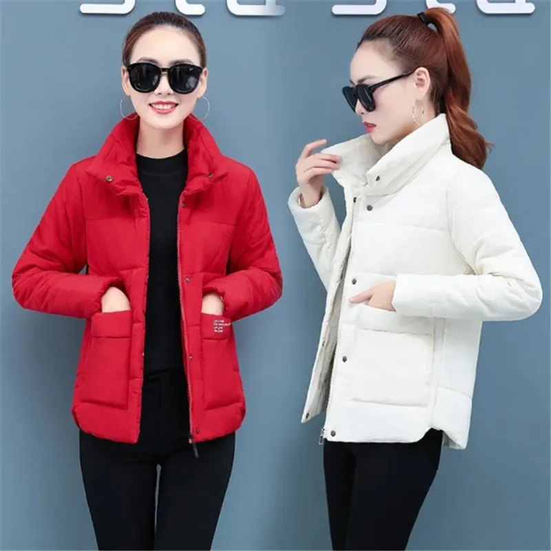 Winter Short Down Cotton Jacket Women 2023 New Loose Stand-Up Collar Coat Pure Colour Outerwear Fashion Parka Overcoat Female