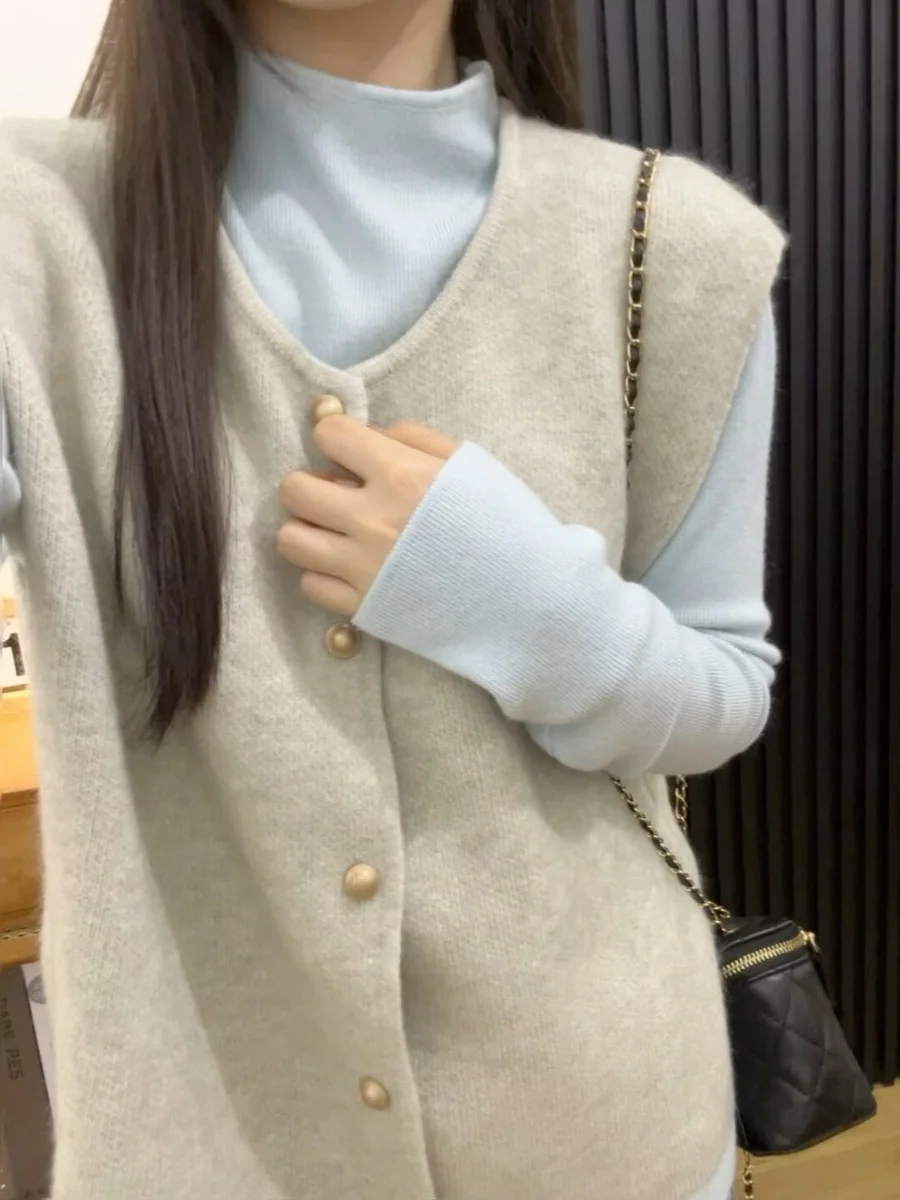 

Элегантный вязаный жилет для женщин: модный, мягкий, уютный, универсальный, весенний свитер-топ с круглым вырезом на пуговицах, стандартной длины, средний размер