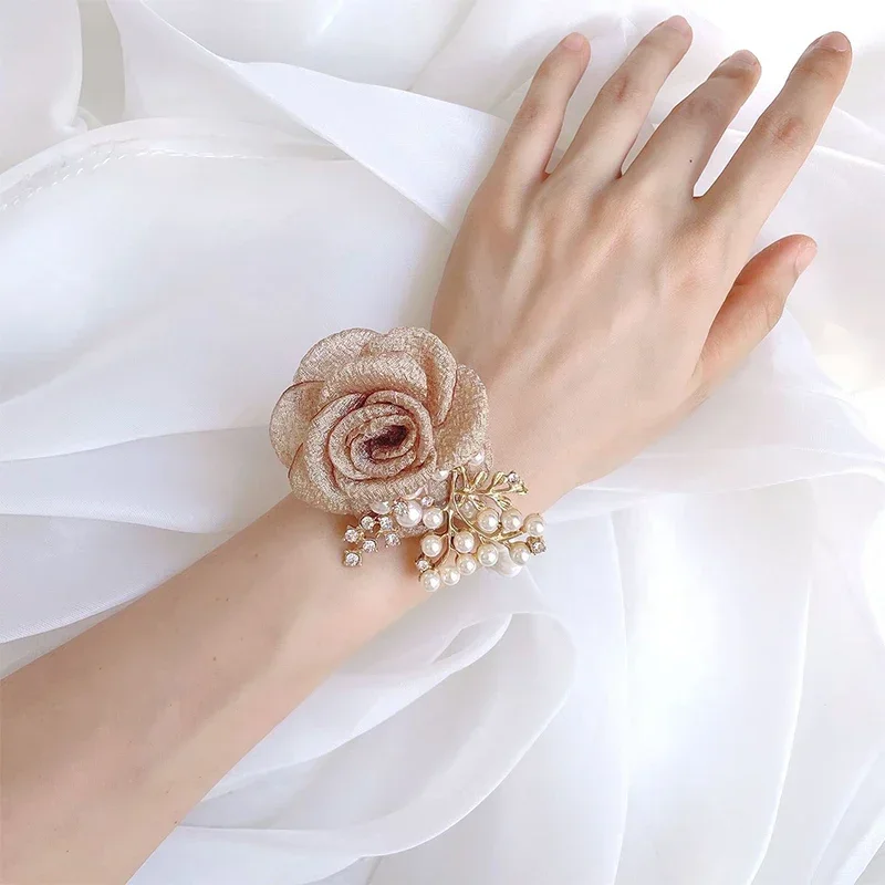 Pulsera de boda con ramillete de muñeca de rosas de tela para dama de honor, novias, flor de mano, rosas falsas, pulsera de boda para invitados, accesorios