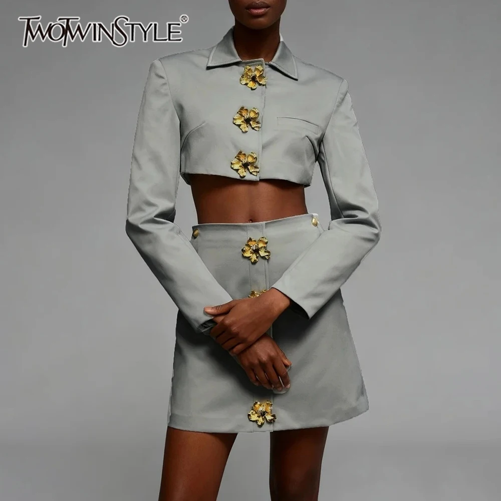 

VGH French Style Vintage Solid Spliced Button Two Piece Sets For Women Lapel Long Sleeve Top High Waist Skirt Cute Set Female