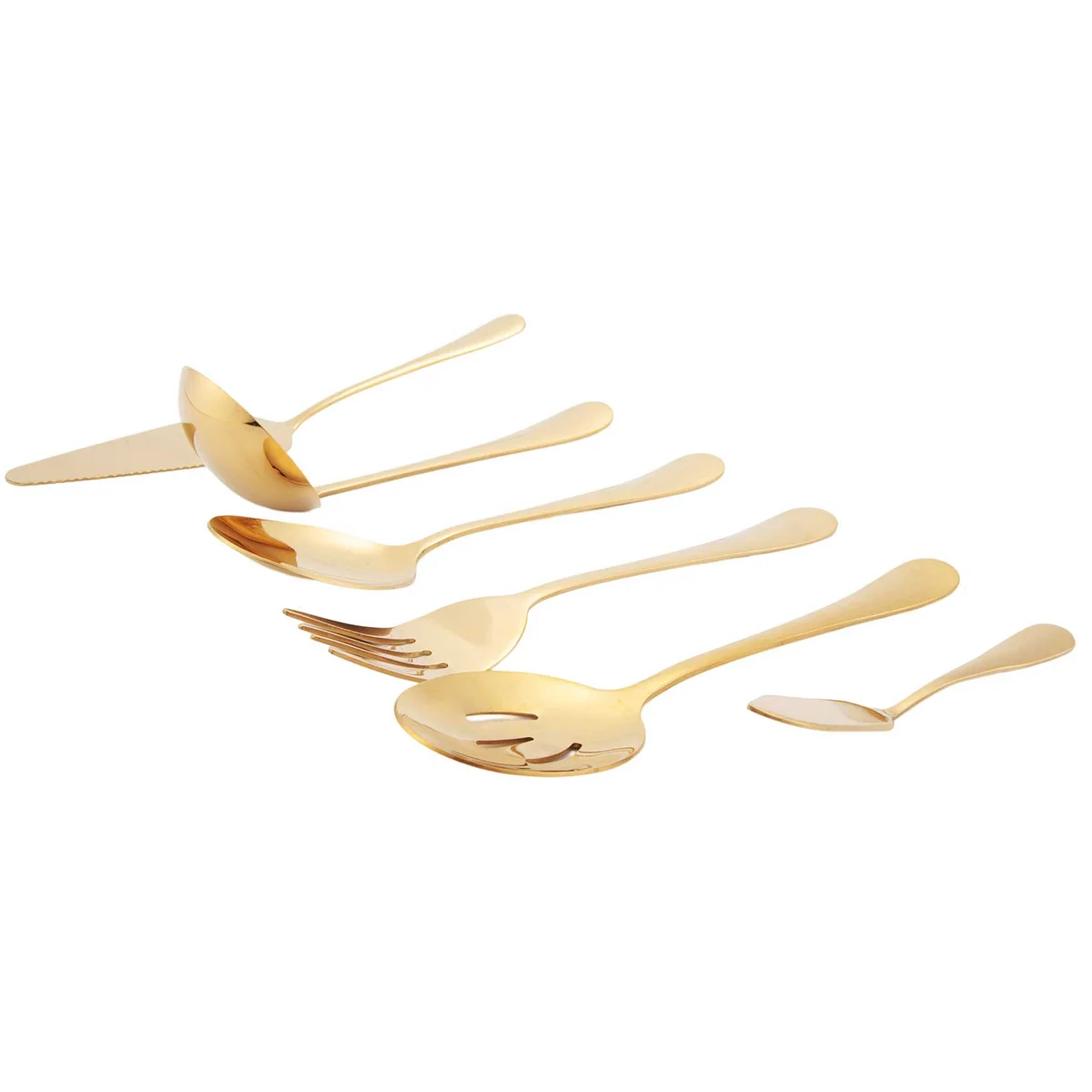 6-Piece Serving Flatware Silverware Set, Serving Utensil Set,Include Cake Server, Slotted Serving Spoon Gold