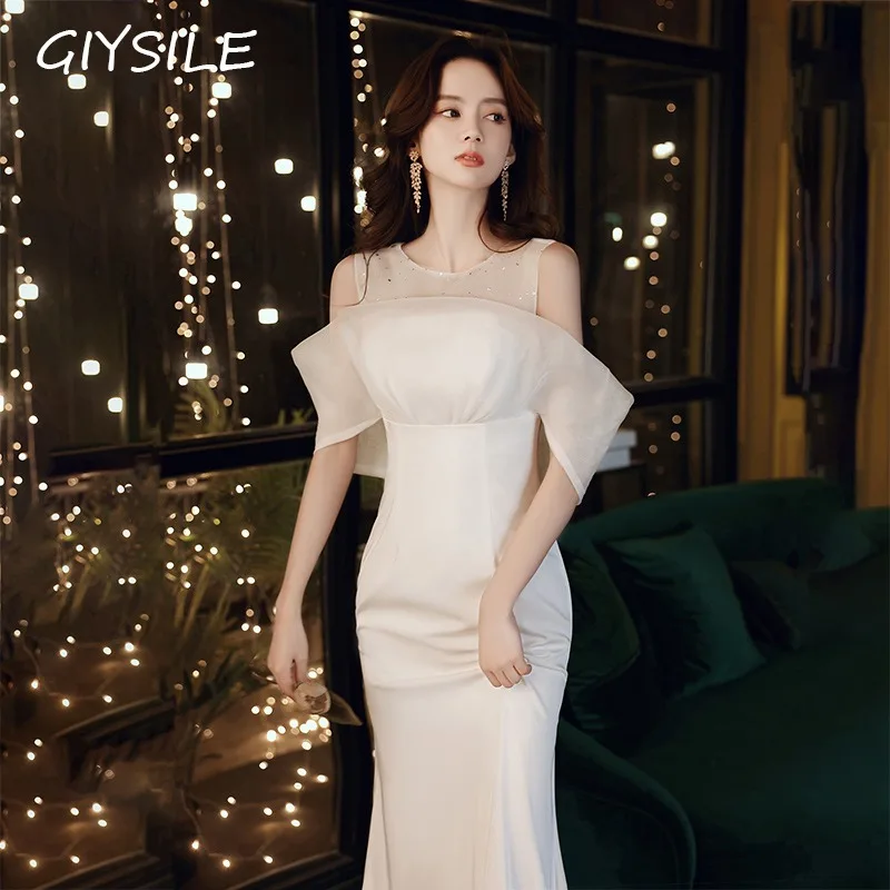 GIYSILE 2025 فستان سهرة أبيض جديد للولائم ذيل السمكة طويل رقبة مستديرة فستان رسمي نسائي أنيق للحفلات فساتين سهرة للنساء