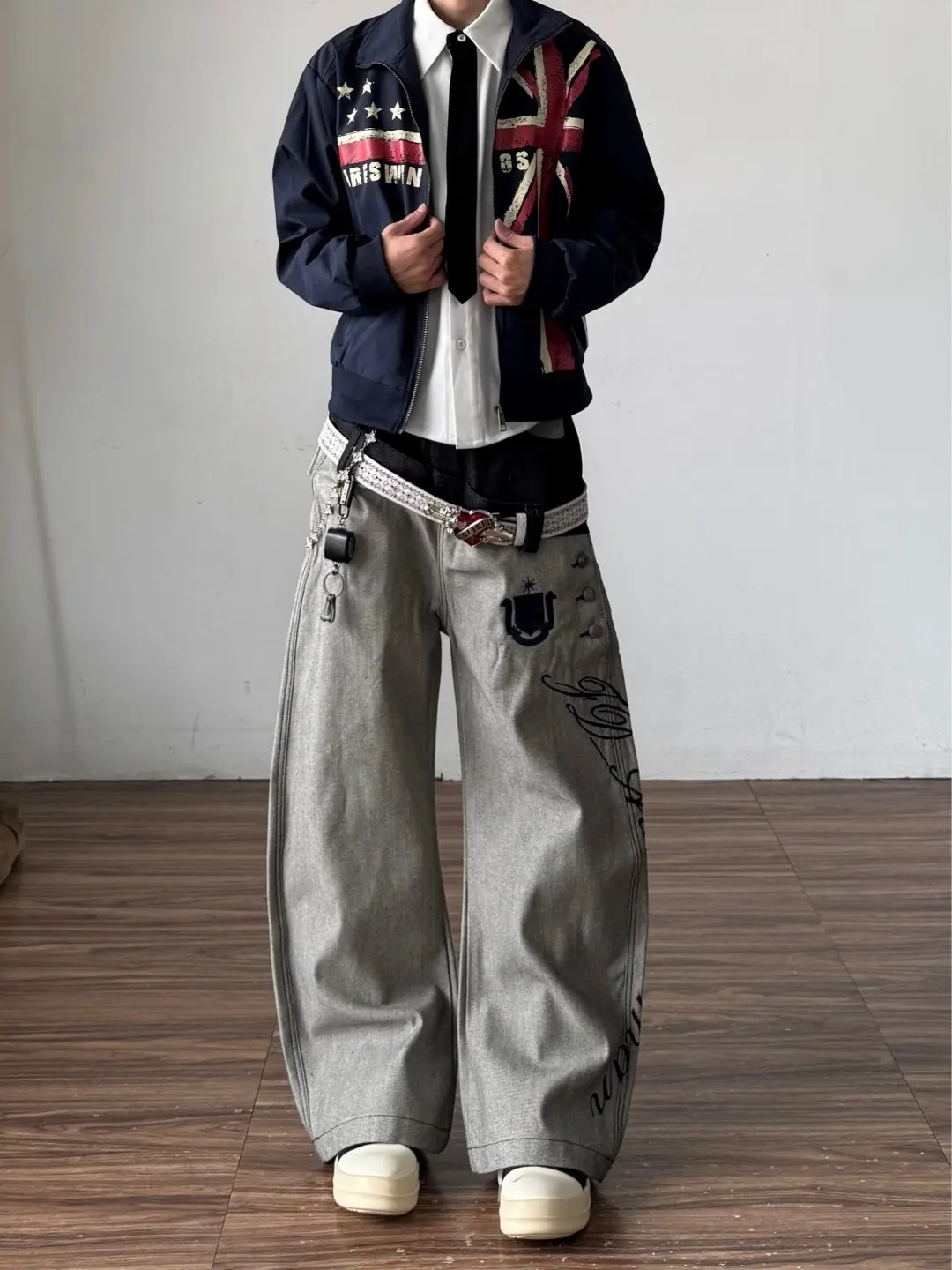 American Style Double Waist Knife  Jeans Men's High Street Heavy Embroidery Loose Micro Flare Design Sensation Pants