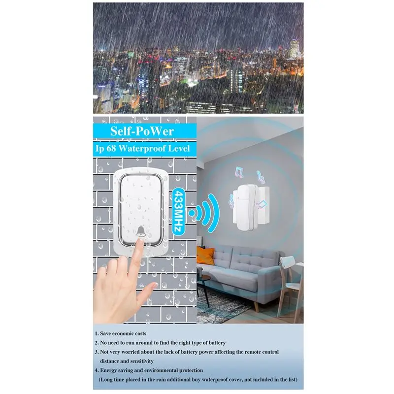 ABLQ Wireless Doorbell Without Batteries Waterproof Outdoor Bell Self-Powered Button Dog Doorbell Ring Chimes EU Plug